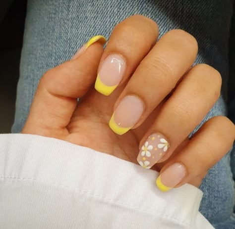 Yellow nails Pastel Yellow Pedicure Toenails, Yellow French Tip With Daisy, Yellow Flower French Tip Nails, Nails Yellow French Tips, Cute Spring Nails Yellow, Simple Yellow Acrylic Nails, Yellow French Manicure Nails, French Manicure With Yellow Tips, French Tip With Yellow Flower