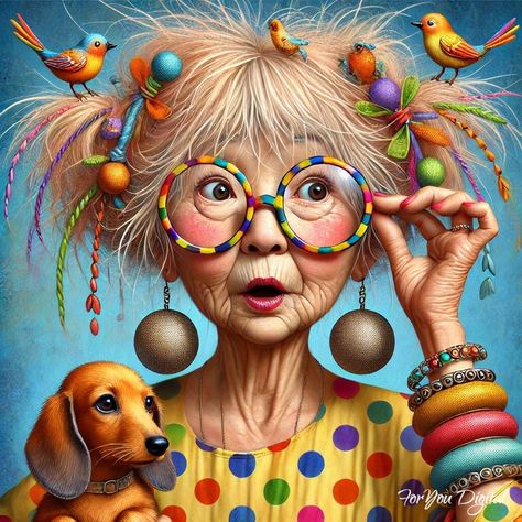 Step into a world of vibrant colors and playful imagination with our "Vibrant Senior Whimsy" art print. Perfect for adding a splash of color to any room, this piece features a charming elderly woman surrounded by lively birds and her loyal dachshund companion. Her oversized glasses and eclectic jewelry complement the dynamic background, making this artwork a wonderful gift for bird lovers, pet owners, or anyone who appreciates bold, whimsical decor. Ideal for a kitchen, living room, or a quirky Dynamic Background, Whimsy Art, Eclectic Jewelry, Art Fantaisiste, Elderly Woman, Whimsical Artwork, Oversized Glasses, Quirky Art, Bold Art