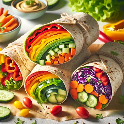 Cooking up Joy - Made with love: Rainbow Veggie Wraps: Colorful and Nutritious Rainbow Veggie Wraps, Healthy Eating Aesthetic Breakfast, Plant Based Salads, Delicious Wraps, Rainbow Veggies, Colorful Veggies, Vibrant Food, Rainbow Salad, Colorful Food