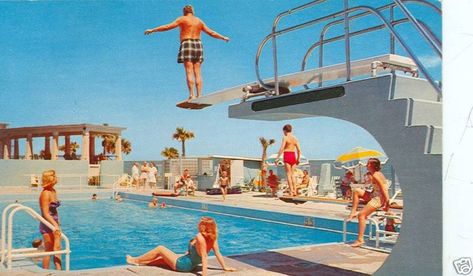 Vintage Postcard Blog: Daytona Plaza Swimming Pool - Daytona Beach, FL Diving Board Aesthetic, Aaron Slims, Motel Ideas, Vintage Pool Parties, Beach Motel, Social Climber, Beach Book, Pool Rules, Vintage Diner