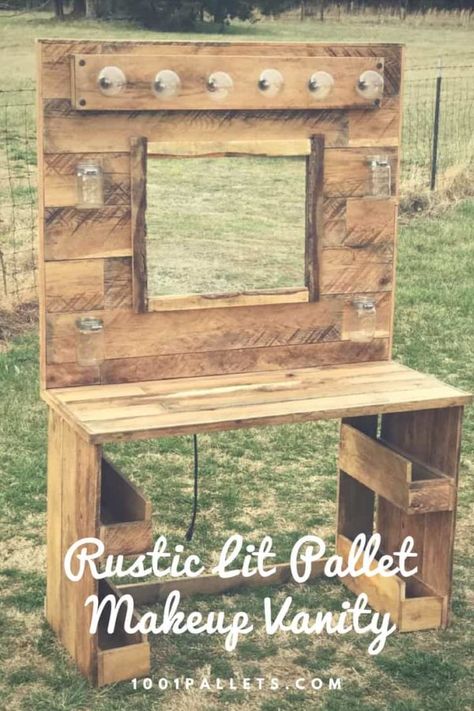 Diy Pallet Vanity How To Build, Pallet Makeup Vanity, Character Bathroom, Pallet Vanity, Diy Pallet Vanity, Pallet Board Projects, Pallet Projects Bedroom, Diy Mason Jars, Table Palette