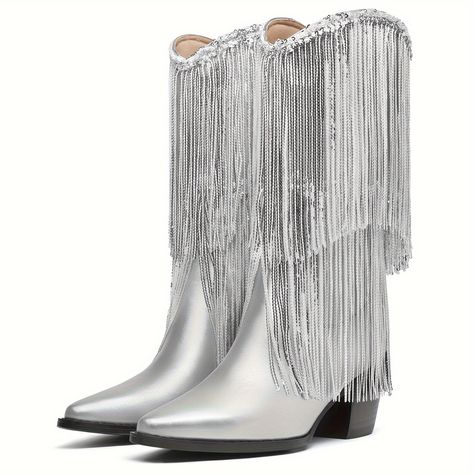 Faster shipping. Better service Fringe Cowboy Boots, Metallic Boots, Silver Boots, Velvet Heels, Shearling Boots, Fringe Boots, Slip On Boots, Vintage Boots, High Quality Shoes