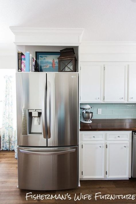 refrigerator enclosure home built, appliances, diy, kitchen cabinets, kitchen design, woodworking projects Cabinet Depth Refrigerator, Faux Brick Backsplash, Kitchen Soffit, Small White Kitchens, Storage Wall, Built In Furniture, Kitchen Corner, Coastal Kitchen, Diy Kitchen Cabinets