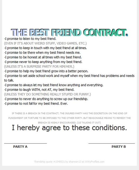 Best Friend Contract Template | Explore Friend Thing, Friend Grow, and more! Bff Contract, Surprise Party For Him, Surprise Ideas For Best Friend, Best Friend Contact, Birthday Surprise Ideas For Best Friend, Best Friend Contract, Friend Contract, Best Friend Birthday Surprise, Best Friend Application