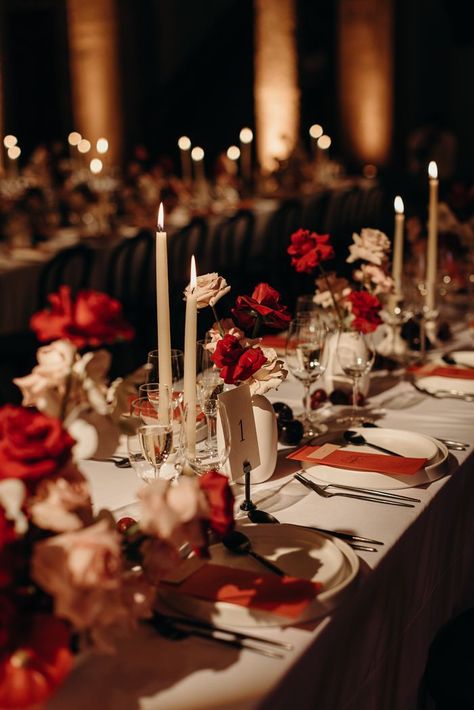 red and white modern wedding tablescape | Image by Memorybox Minimalist Red Wedding Decor, Red And White Dinner Table Decor, Centerpieces Wedding Red, Roses And Candles Wedding, Wedding Rehearsal Dinner Ideas Decor, Red Roses Table Decor, Rose Table Decorations, Roses Table Setting, Red Roses Decoration