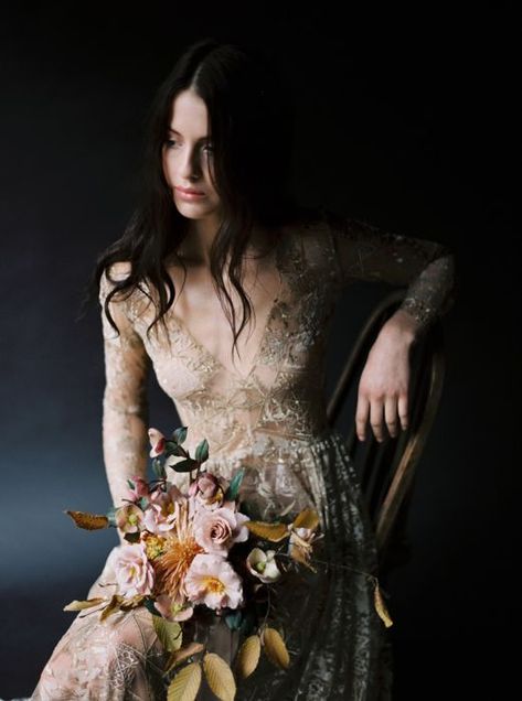 Dark and Moody Old-World Feminine Fine Art Bridal Inspiration With Fall Colors and Florals- Once Wed #fallweddingsinspiraitaon #oldworldweddings #fineartweddinginspiration Dark Moody Wedding Dresses, Moody Wedding Dress Brides, Moody Wedding Dresses, Dark Moody Wedding Aesthetic, Fall Wedding Dress Colors, Dark Chapel Wedding, Old World Vintage Wedding, Wedding Dresses Unique Nontraditional, Dark Wedding Dresses