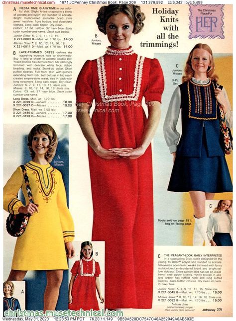 1971 JCPenney Christmas Book, Page 209 - Catalogs & Wishbooks Retro Dress 70s, 1970s Clothes, Jcpenney Catalog, Jcpenney Christmas Catalog, Superstar Barbie, Vintage Catalog, Fashion Hippie, 1970's Fashion, Christmas Barbie