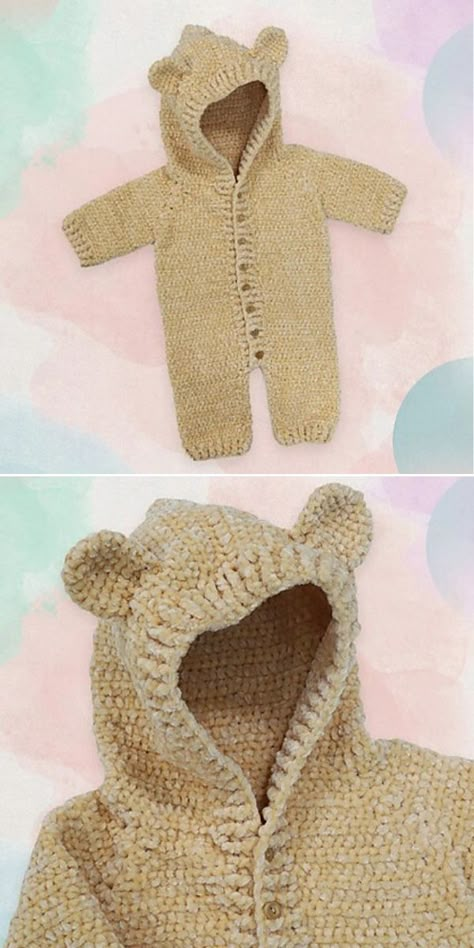 A crochet teddy bear baby romper. Crochet Onesie, Crochet Baby Things, Crochet Baby Romper, Onesie Pattern, Crochet Newborn Outfits, Baby Clothes Crochet, Crochet Baby Projects, Crochet Doll Clothes Free Pattern, Baby Romper Pattern