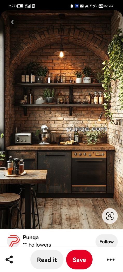 Black And Brick Kitchen, Brick And Wood Kitchen, Brickwork Kitchen, Brick Wall Interior Kitchen, Kitchens With Brick, Brick Wall Kitchen Ideas, Kitchen With Exposed Brick, Brick Kitchen Ideas, Red Brick Kitchen