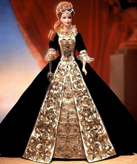 The first Barbie Doll ever created in fine porcelain. The only Barbie Doll series dedicated strictly to royalty and complete opulence. The only Barbie Doll inspired by and named after the famous Russian jeweler... Black And Gold Ball Gown, Gold Ball Gown, Accessoires Barbie, Barbie Costume, Barbie Gowns, Barbie Style, Barbie Princess, Barbie I, Barbie Collector