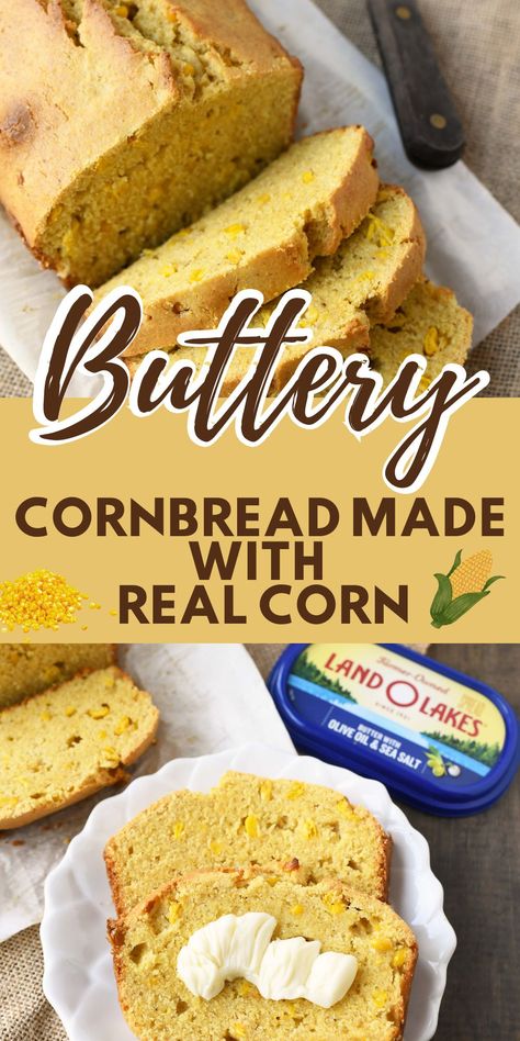 Perfectly Moist and Sweet Cornbread with Real Corn. This easy and delicious cornbread loaf recipe is made with real corn kernels, so it's moist, flavorful, and perfect for any occasion. Serve it with chili, soup, or stew, or enjoy it plain with a pat of salted butter. via @savvysavingcoup Corn Bread Loaf, Cornbread Loaf, Savory Cornbread, Cornbread Cake, Cornbread With Corn, Beans Soup, Delicious Cornbread, Moist Cornbread, Savoury Bakes