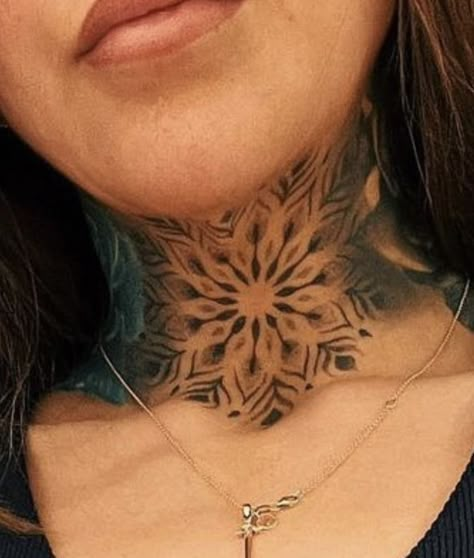 Light Neck Tattoos, Center Neck Tattoos Women, Throat Mandala Tattoo, Neck Tattoos Women Mandala, Mandala Throat Tattoo For Women, Woman Throat Tattoo, Mandala Neck Tattoo For Women, Mandala Throat Tattoo, Front Neck Tattoos Women