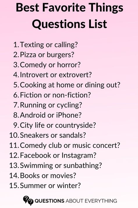 A list of Questions for your favorite things Fav Things Questions, Favorite Things Questions, Simple Conversation Starters, 30 Day Writing Challenge, Who Knows Me Best, Speech Topics, Cute Questions, Questions To Get To Know Someone, Ask Your Friends