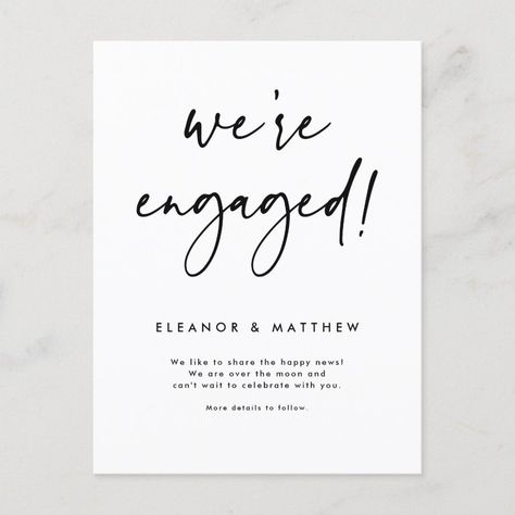 We're Engaged Hand Lettering Engagement Announcement Postcard  Zazzle Creative Engagement Announcement, Engagement Announcement Cards, Engagement Letter, Engagement Design, Backyard Engagement Parties, Backyard Engagement, Engagement Board, Digital Wedding Invitations Design, Memorial Table