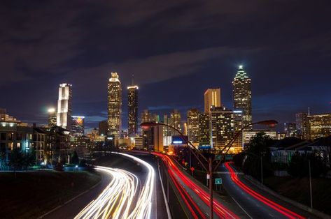 Atlanta Georgia ATL Skyline Cityscape Long exposure City Lights Atl Skyline, City Lights Photography, Long Exposure Light Photography, Atlanta Skyline, Lights Photography, Long Exposure Photography, Light Trails, Cityscape Art, Wallpapers Backgrounds