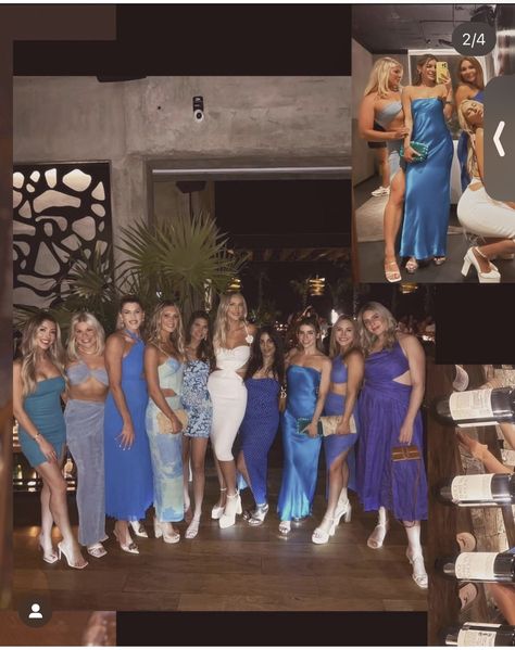 Blue Miami Outfit, Shades Of Blue Bachelorette Party, Blue Dresses Bachelorette, Something Blue Bachelorette Theme Outfits, Puerto Rico Bachelorette Outfits, Blue Bachelorette Aesthetic, Blue Vegas Outfit, Bachelorette Blue Bikinis, Blue Themed Party Outfit