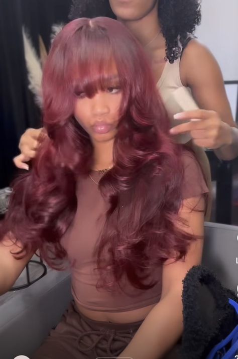 Burgundy Bangs Black Women, Burgundy Wig With Bangs Black Women, Red Sew In With Bangs, Burgundy Bang Wig Black Women, Burgundy Hair Deep Wave, Burgundy Curtain Bangs, Black Cherry Hair With Bangs, Burgundy Hair With Bangs Black Women, Burgandy Wig Hairstyles For Black Women