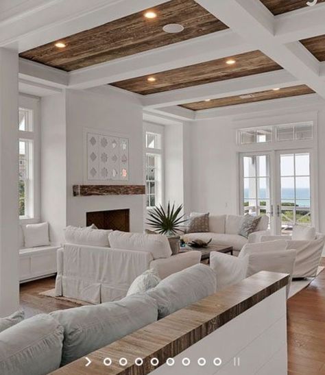 High Ceiling Living Room, White Beams, Coastal Living Rooms, Beach House Interior, Beach House Design, House Interiors, Wood Ceilings, The Ceiling, Home Fashion