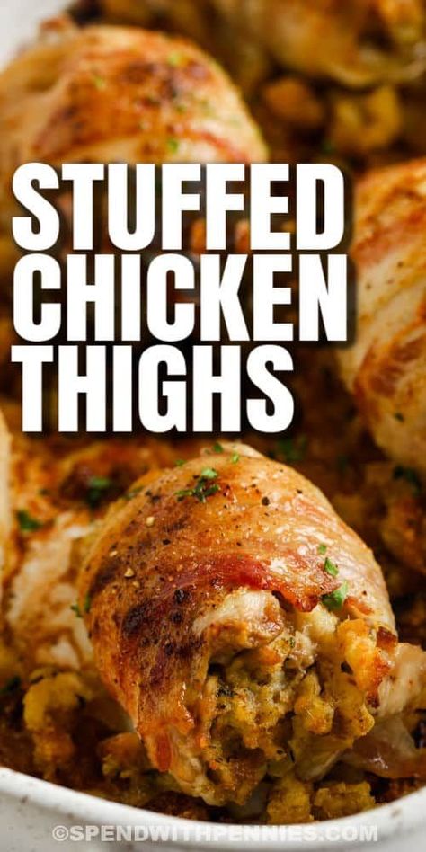 Tasty stuffed chicken thighs are easy to make and tasty—so good! This easy-to-cook entree is sure to become a family favorite, with stuffing, chicken, and bacon. #spendwithpennies #stuffedchickenthighs #entree #recipe #stuffed #wrapped #bacon #bake #long #oven #baked Chicken Thigh Recipes With Stuffing, Chicken Stuffed With Shrimp, Stuffed Boneless Skinless Chicken Thigh Recipes, Christmas Chicken Thigh Recipes, Stuffed Chicken Recipes Stuffing, Chicken Thigh And Stuffing Recipes, Stuffed Chicken Thighs Recipes, Whole Stuffed Chicken Recipes, Stuffed Chicken Legs Recipes