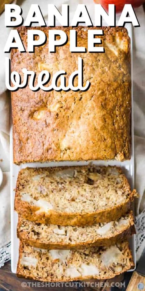 loaf of Apple Banana Bread cut into slices with writing Banana Bread With Apples, Banana Apple Bread Recipe Easy, Apple And Banana Cake, Banana And Apple Recipes, Apple Banana Recipes, Banana Apple Bread Recipe, Banana Apple Recipes, Apple Banana Bread Recipe, Banana Apple Bread