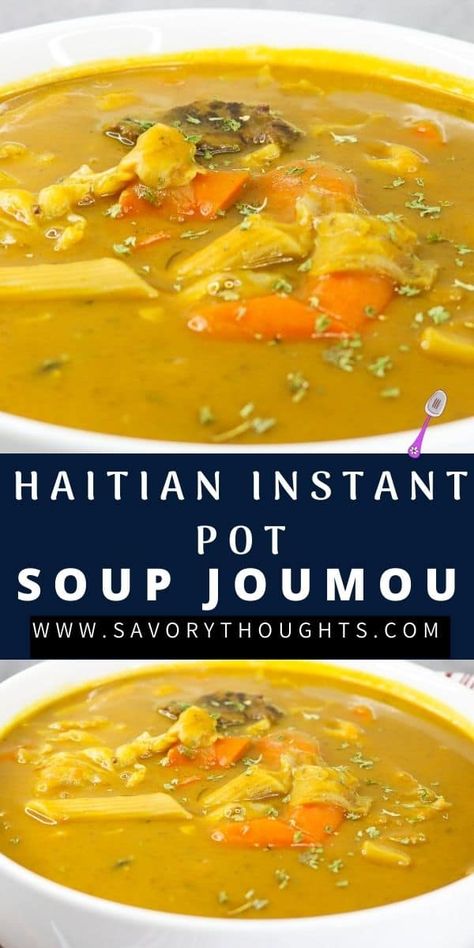 Soup Joumou (Haitian Squash Soup) Recipe Haitian Cuisine, Bouillon Recipe, Soup Joumou, Haitian Recipes, Vegan Thanksgiving Dinner, Carribean Food, Haitian Food, Squash Soup Recipe, Food Buffet