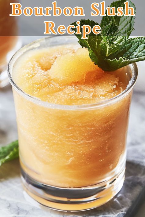 Bourbon Slush is a refreshing and boozy summer drink that combines the robust flavor of bourbon with the sweet and tangy tastes of sweetened black tea, frozen lemonade concentrate, and orange concentrate. Frozen Bourbon Slush, Old Fashioned Slush Recipe, Whiskey Slush Frozen, Sneaky Pete Slush Recipe, Bourbon Slush Recipe With Tea, Slushie Machine Recipes, Frozen Alcoholic Drinks Slushies, Whiskey Slush Recipe, Bourbon Slushies