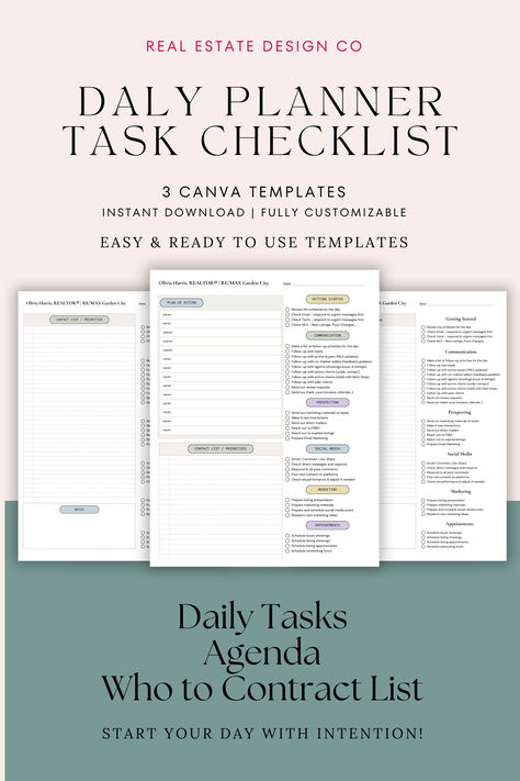 This daily planner for real estate agents is designed to keep you on track. Edit the daily task habits to suit your business and process. Download to PDF for printing and start using. Add in your daily agenda and check off your daily tasks as you complete them. Use the Contact/Priority section to document who you connected with and what your priorities are for the day. Open House Checklist, Daily Agenda, Real Estates Design, Real Estate Templates, Daily Task, Daily Tasks, Business Planner, Real Estate Agents, Business Tools