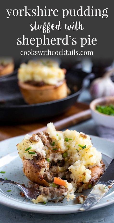 This shepherd’s pie stuffed yorkshire pudding is pub style food that you can easily make for a crowd.  The Yorkshire pudding recipe is foolproof & we share lots of tips for getting puffy yorkshire pudding.  The shepherds pie recipe is full of tender vegetables and spiced ground beef simmered in a Guinness beer and topped off with a mountain of creamy mashed potatoes and a handful of sharp cheese.  #cookswithcocktails #yorkshirepudding #shepherdspie #stuffedyorkshirepudding #stpatricksdayrecipes Yorkshire Pie Recipe, What To Do With Leftover Yorkshire Puddings, Yorkshire Pudding Shepherds Pie, Yorkshire Pudding Cottage Pie, Stuffed Yorkshire Pudding Roast Beef, Recipes For A Crowd Dinner, Stuffed Yorkshire Pudding, Meat Recipes For A Crowd, Yorkshire Pudding Canapes