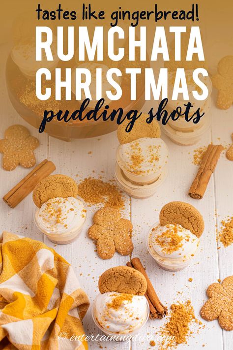 Gingerbread Christmas Pudding Shots With RumChata | Christmas Recipes Gingerbread Jello Shots, Pudding Shots With Cake Vodka, Pudding Shots In Syringes, Gingerbread Pudding Shots, Grinch Pudding Shots, Jell-o Shots New Years, Gingerbread Shots Recipe, Green Pudding Shots, Peppermint Rumchata Pudding Shots