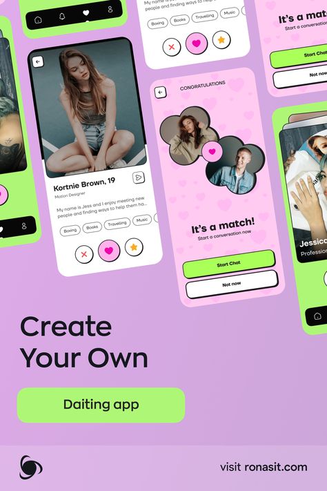 The app includes a swipeable feed of user profiles, a detailed personal profile page featuring user information, photos, and hobbies, as well as a match screen that initiates interactions between users. Dating App Ui Design, Dating App Aesthetic, Dating App Design, Bumble Dating App, Dating Application, Online Dating Advice, Ready For Love, Dating Profile, Dating Apps