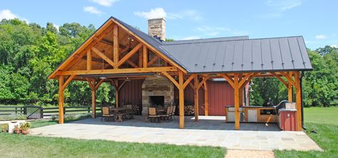 Timber Framed Pole Barn 2 L Shaped Pavilion, Pavillion Backyard, Metal Pavilion, Barn Pool House, Pole Barn Ideas, Outdoor Pavillion, Barn Pool, Fireplace Dining, Pole Barn Garage