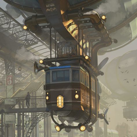 Steampunk Trainstation  by Virag Agg Steampunk Building, Steampunk Vehicle, Steampunk City, Vertical City, Steampunk Airship, Steampunk Aesthetic, Steampunk Tendencies, Digital Portrait Art, Modern Fantasy