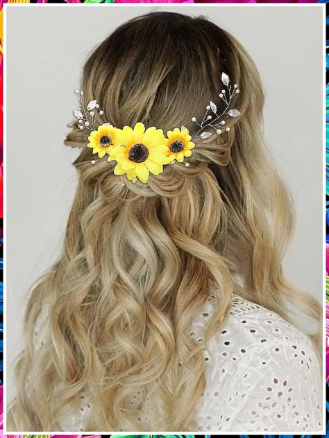 Dnd Clothes, Sunshine Wedding, Yellow Hair Accessories, Hair Accessories For Bride, Accessories For Bride, Bridal Hair Decorations, Bride Wedding Hair, Sunflower Wedding Decorations, Autumn Hair Accessories