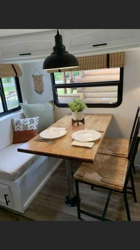 Rv Remodel Dining Area, Camper Renovation Dinette, Camper Kitchen Table Remodel, Camper Dinnete Remodel, Rv Breakfast Nook, Rv Kitchen Table Remodel, Rv Kitchen Table Ideas, Camper Seating Ideas, Camper Kitchen Table