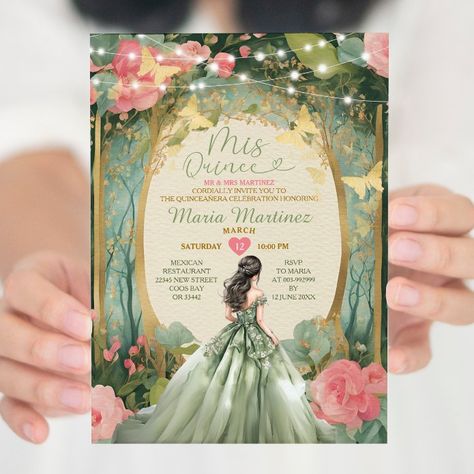 Sage Green Princess Dress Gold Forest Mis Quince Invitation - tap, personalize, buy right now! #Invitation #spanish #girl #sweet #16th #birthday, Quince Invitations Quinceanera, Green Princess Dress, Invitation Quinceanera, Invitations Quinceanera, Quince Invitations, Green Princess, Birthday Gold, Sage Green Dress, Emerald Green Dresses