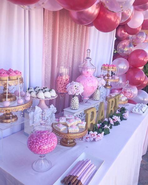 Pink Candy Buffet Birthday, Sweet Sixteen Candy Table, Pink And Purple Candy Buffet, Sweet 16 Snack Bar, Pink Parties Ideas, Pink Candy Table Sweet 16, Pink And Silver Candy Table, Sweet 16 Pretty In Pink Party Ideas, Hot Pink Candy Table