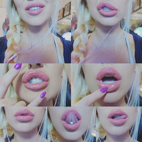 Dyed blonde hair, pink shiny full lips and pierced tongue is so sweet! Nyx Intense Butter Gloss, Butter Gloss, Lip Filler, Tongue Piercing, Full Lips, Lip Fillers, Bratz Doll, Doll Parts, Dark Beauty