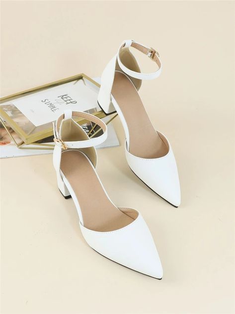 Point Toe Chunky Heeled Ankle Strap Pumps | SHEIN USA Graduation Heels, Heel Shoes For Women, Ankle Strap High Heels, Bridal Heels, Low Heel Shoes, Ankle Strap Pumps, White Heels, Strap Pumps, Ankle Strap Heels