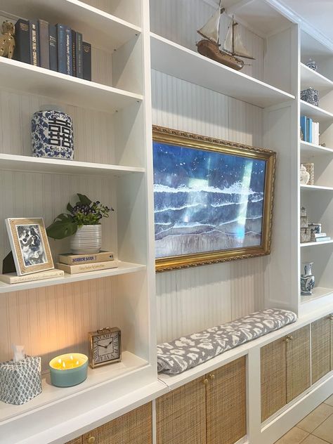 DIY Built In Bookshelves and Cabinets Using IKEA Billy Bookcases | Grand Millennial Home Deals Billy Bookcase Tv Unit Hack, Tv In Billy Bookcase, Floating Billy Bookcase, Billy Built In Tv, How To Build Bookcases Built Ins, Billy Ikea Tv Wall, Billy Bookcase Tv Stand, Ikea Billy Tv Wall, Billy Bookcase Hack Tv