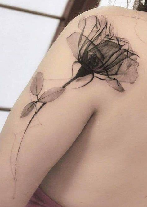 Transparent Flower Tattoo, Black And White Fine Line Tattoo, X Ray Tattoo Ideas, Black And White Watercolor Tattoo, X Ray Flower Tattoo, X Ray Tattoo, Shoulder Tattoo Designs, Abstract Flower Tattoos, Poppies Tattoo