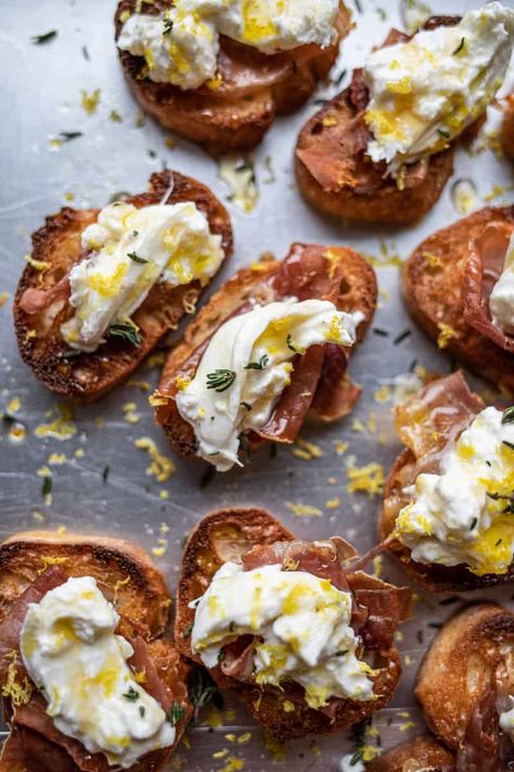 Burrata Crostini With Prosciutto Burrata Crostini, Female Foodie, Microplane Zester, Baguette Slices, Crostini Recipes, Basting Brush, Popular Side Dishes, Sprouts With Bacon, Sliced Baguette