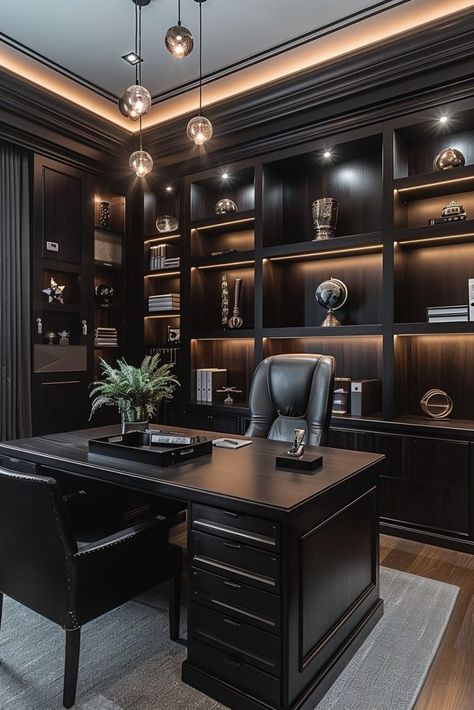 29 Dark Aesthetic Decor Ideas for a Boldly Mysterious Home Atmosphere 3 Ceo Office Aesthetic, Modern Dark Office, Dark Office Aesthetic, Dark Modern Interior, Dark Home Office, Advocate Office, Aesthetic Decor Ideas, Dark Office, Masculine Home Office