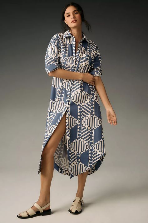 By Anthropologie Long-Sleeve Shirt Dress | Anthropologie UK Ladies Brunch, Beachy Chic, Yacht Rock, Statement Boots, Shirt Silhouette, Abstract Print Dress, Maternity Wardrobe, Teaching Outfits, Holiday Clothing