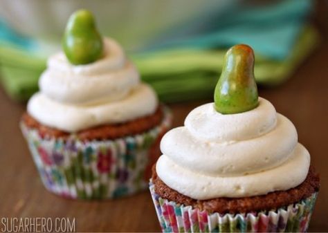 Pear Cupcakes with Honey Buttercream | SugarHero.com Pear Cupcakes, Fruity Cupcakes, Honey Buttercream, Cookie Dough Frosting, Baked Pears, Pear Recipes, Baking Cupcakes, Yummy Cupcakes, Cakes And More