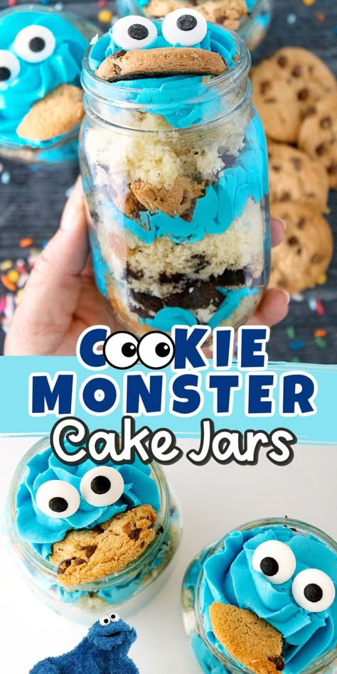 Easy Food Recipes For Parties, Cakes In Jars Recipes, Simple Fun Desserts, Foods To Make With Your Best Friend, No Bake Cookie Monster Cheesecake, Cool Baking Recipes Desserts, Good Desserts For Birthday, Blue Food Recipes Simple, Cookie Monster Fudge Recipes