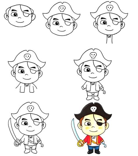 How To Draw A Pirate – 7 Simple Steps To Create An Intimidating Pirate Drawing How To Draw A Pirate, Pirate Drawing Easy, Easy Pirate Ship Drawing, Simple Pirate Drawing, Pirate Art Drawing, Easy Pirate Painting, Pirate Directed Drawing, Pirate Drawing, Shell Ideas