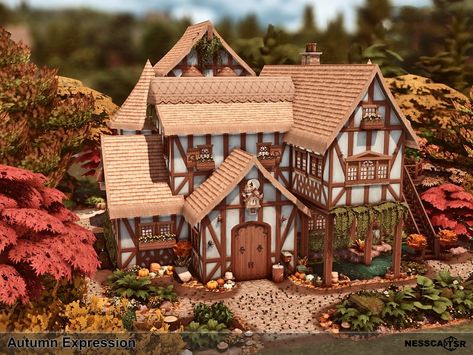 The Sims Resource - Autumn Expression Autumn House Layout, Sims 4 Autumn, Sims 4 Restaurant, Sims 4 Houses Layout, Autumn House, German Houses, Sims 4 House Building, Charming House, Sims 4 Collections