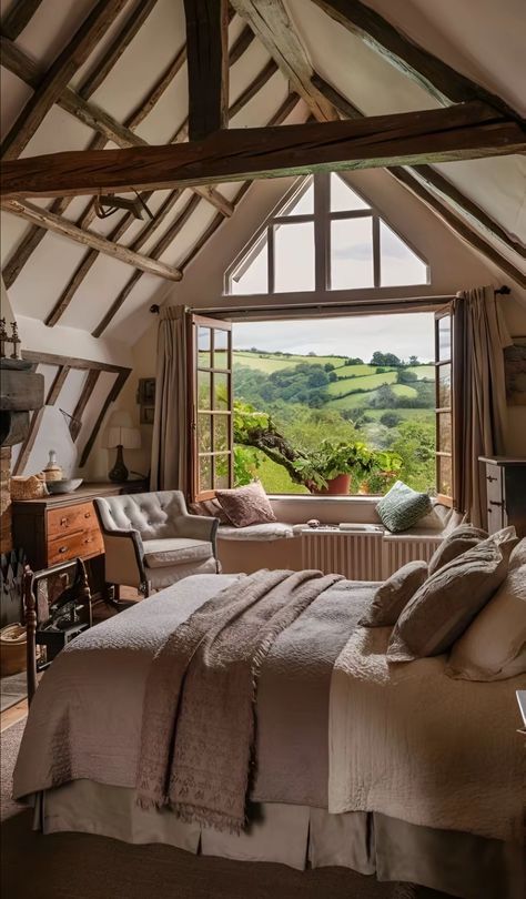 Large Cottage Bedroom, Countryside Room Aesthetic, Countryside Modern Interior, Cozy Countryside Cottages, British Countryside Interiors, Country House Interior Bedroom, British Cottage Bedroom, English Countryside Interior Design, British Countryside House Interior