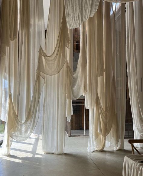 Hanging Fabric Installation, Wedding Drapery Ideas, City Fabric, Wedding Drapery, Photographer Aesthetic, Fabric Installation, Highly Favored, Booth Wedding, White Drapes