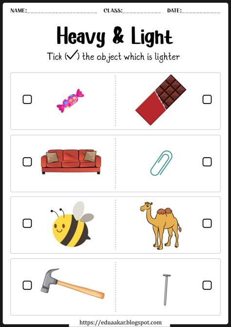 Heavy Light Concept For Kids, Heavy Light Worksheet, Heavy And Light Worksheet, Kg2 Worksheets, Missing Number Worksheets, Kindergarten Homework, Tall And Short, Kids Worksheet, Reading Comprehension Lessons